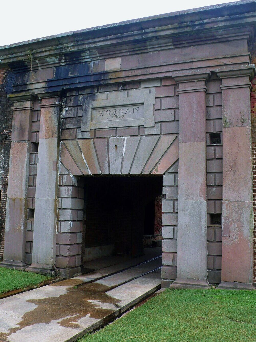 The historic 'MORGAN 1833' stone entrance gate of Fort Morgan